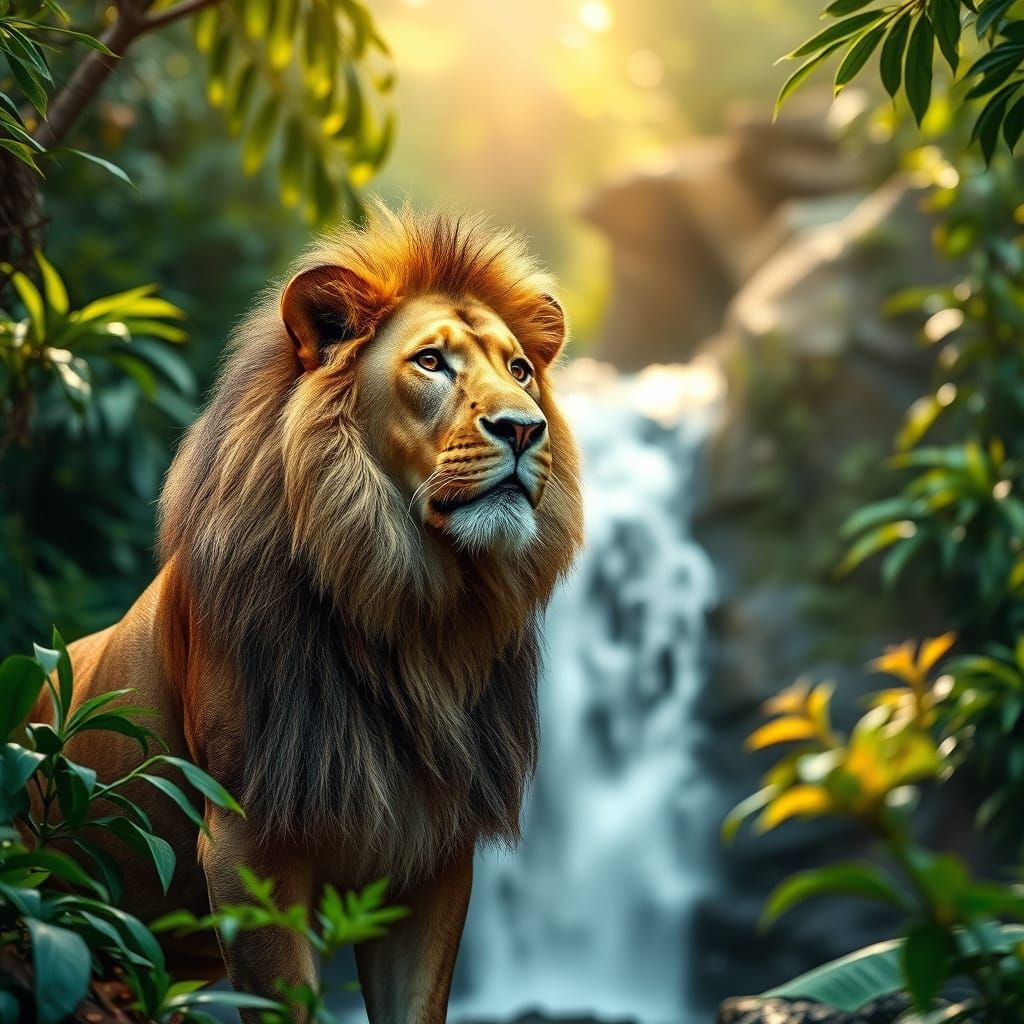 Majestic Lion by Waterfall in Vibrant Jungle