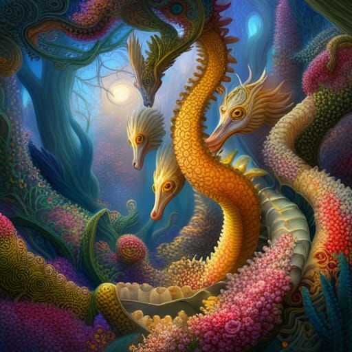 Happy Seahorses in a Fractal Dreamscape
