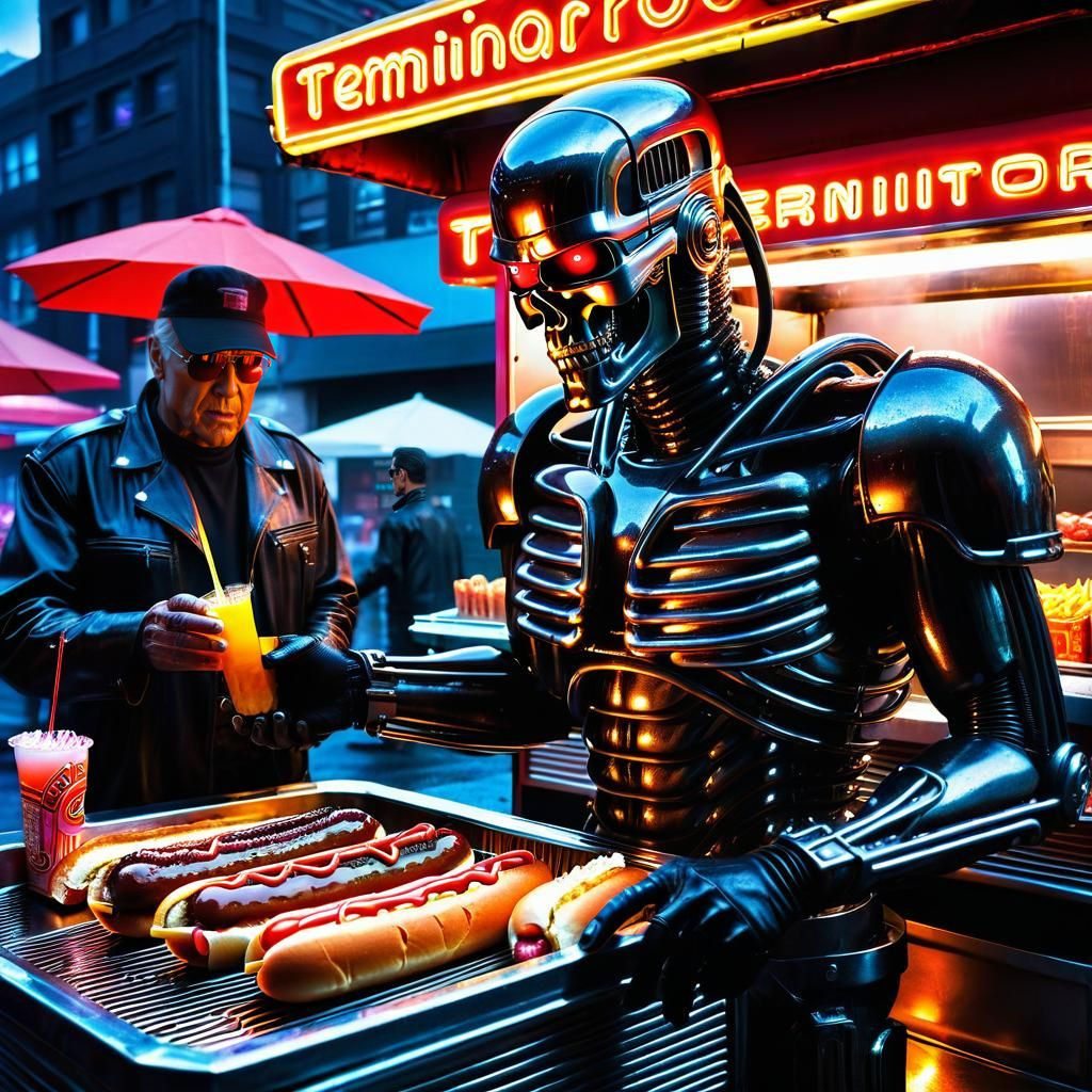 Terminator at Hot Dog Stand in Giger Style