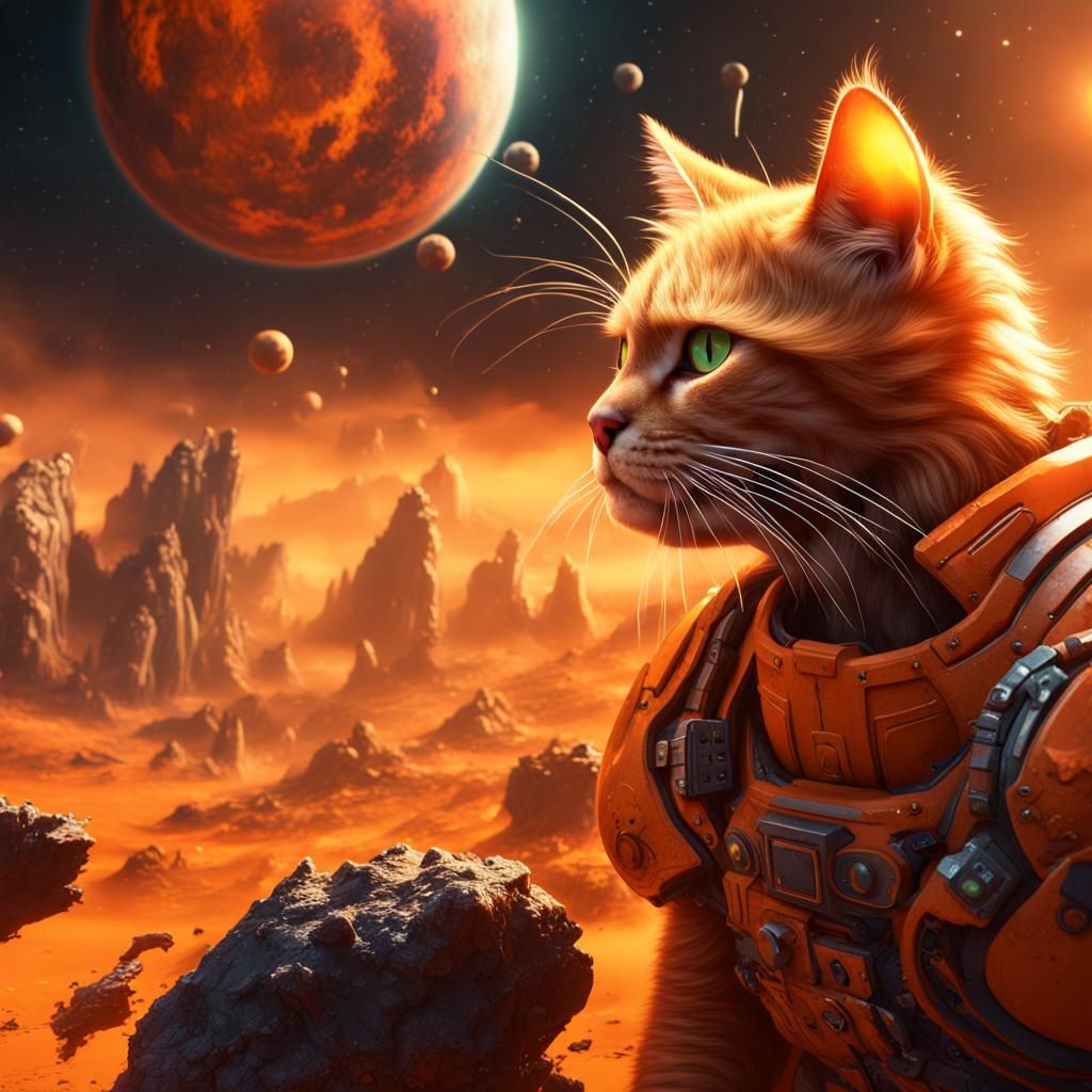 Orange Cat's Planetary Destruction: Detailed Digital Art