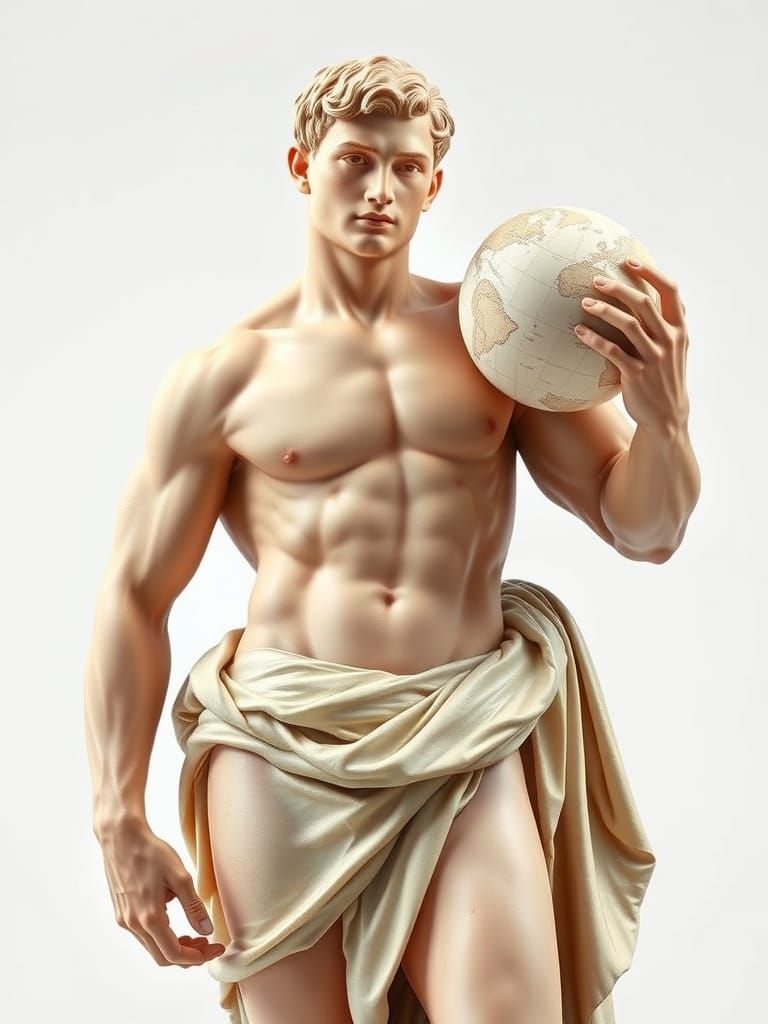 Classical Male Figure with Globe, White Marble Sculpture Sty...