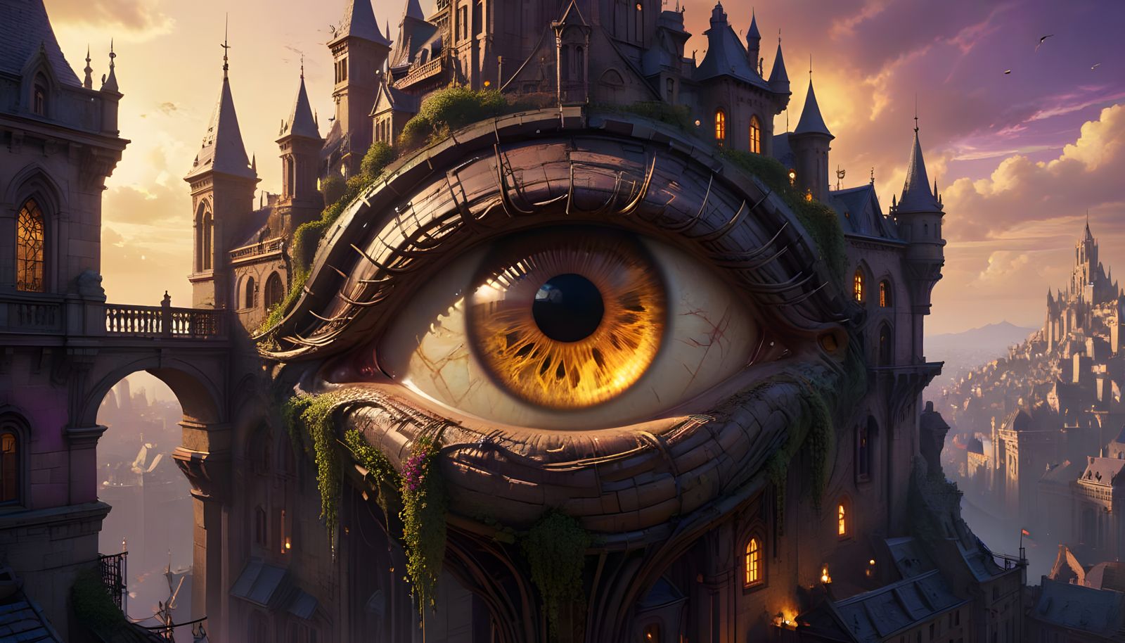 Ethereal Dark Fantasy Orb soars in a Majestic Cityscape