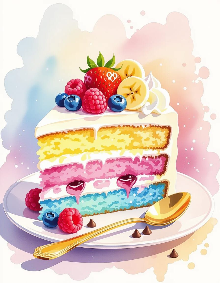 Rainbow Cake Slice in Watercolor Splash Art