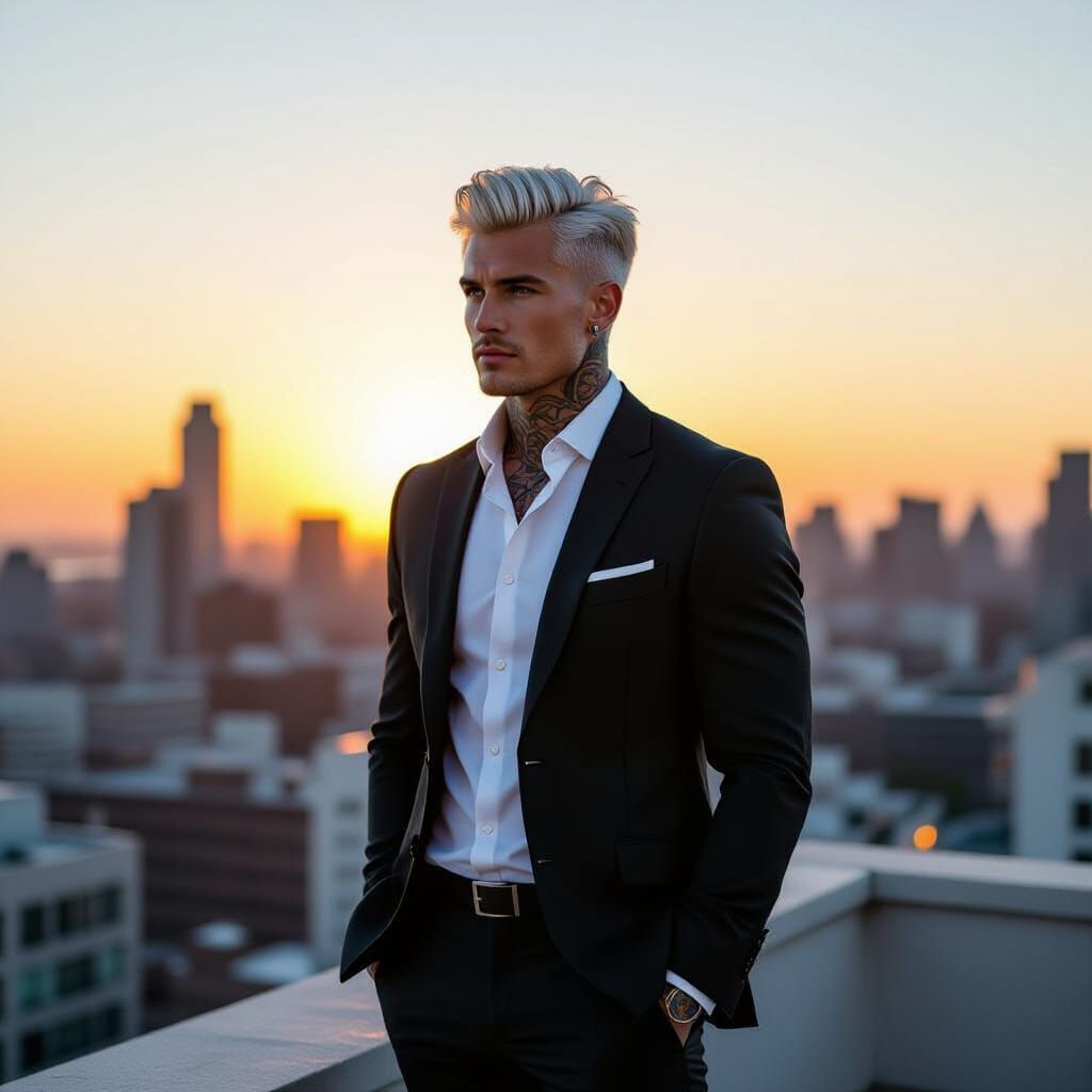 Platinum Haired Man in City Sunset: Photorealistic Editorial