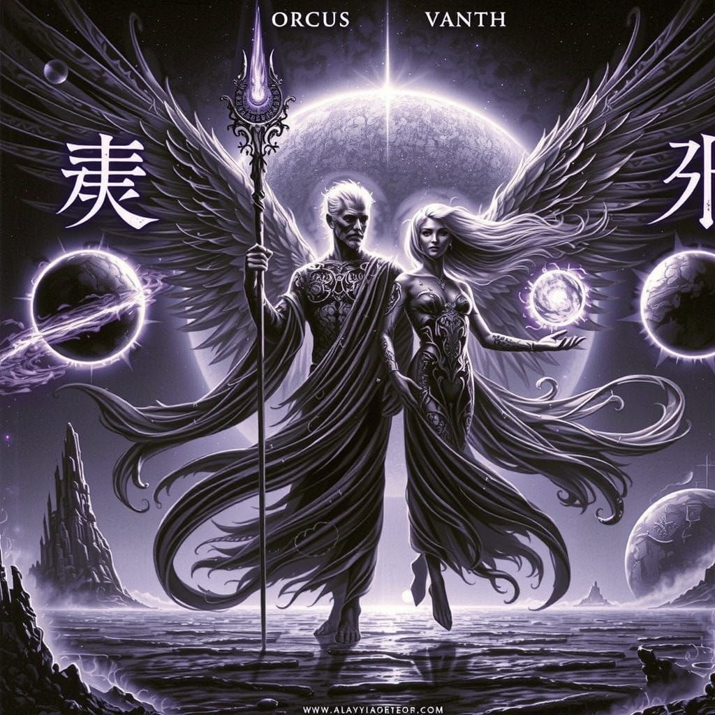 Ethereal Orcus and Vanth in Dark Cosmic Landscape