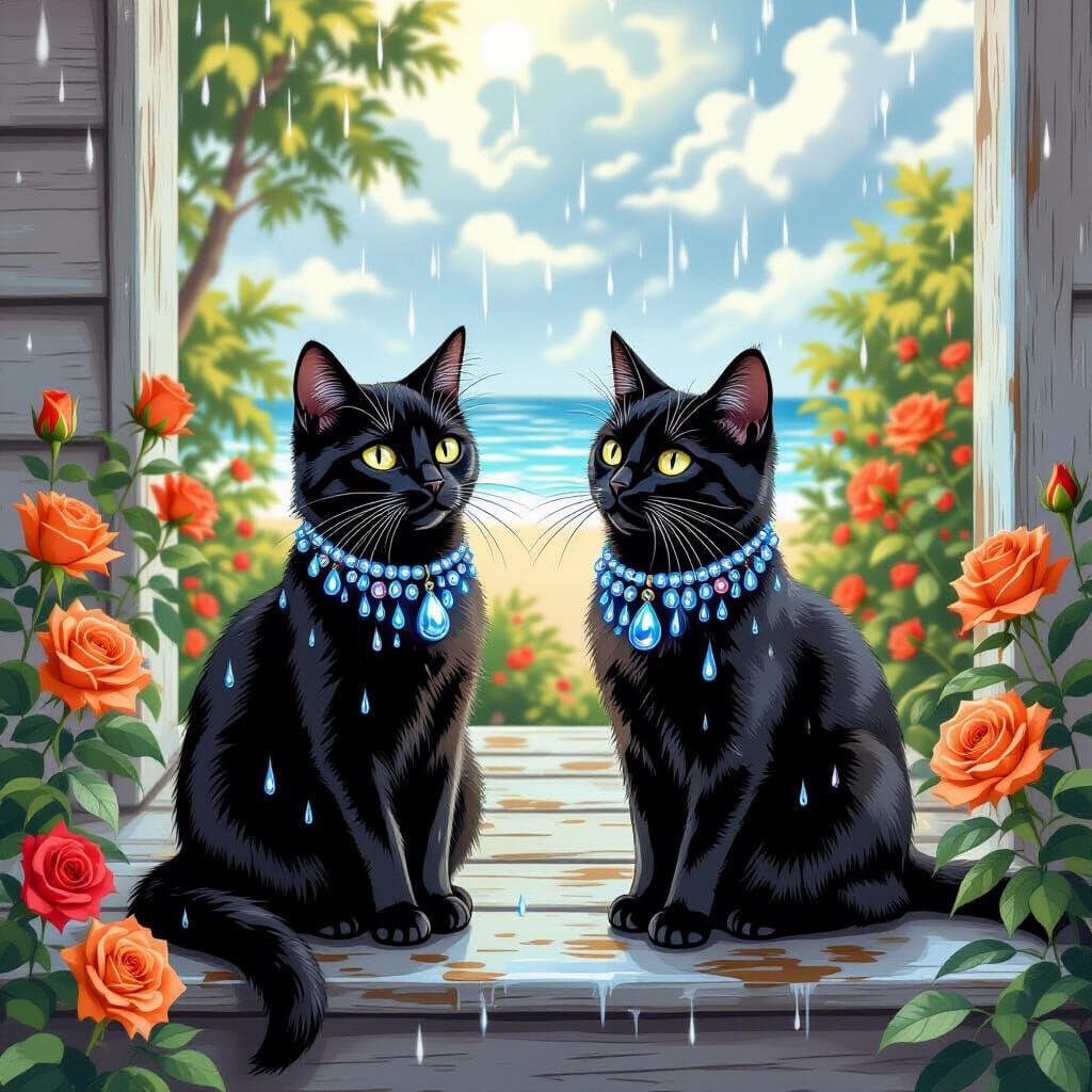 Black Cats and Orange Roses in Dreamy Illustration