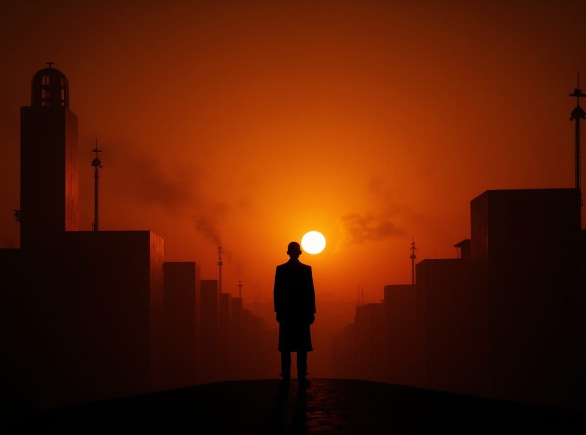 Brutalist Cityscape at Sunset: Dramatic Film Still