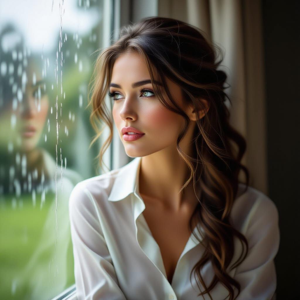Woman Gazing Out Rain-Streaked Window in Soft Light