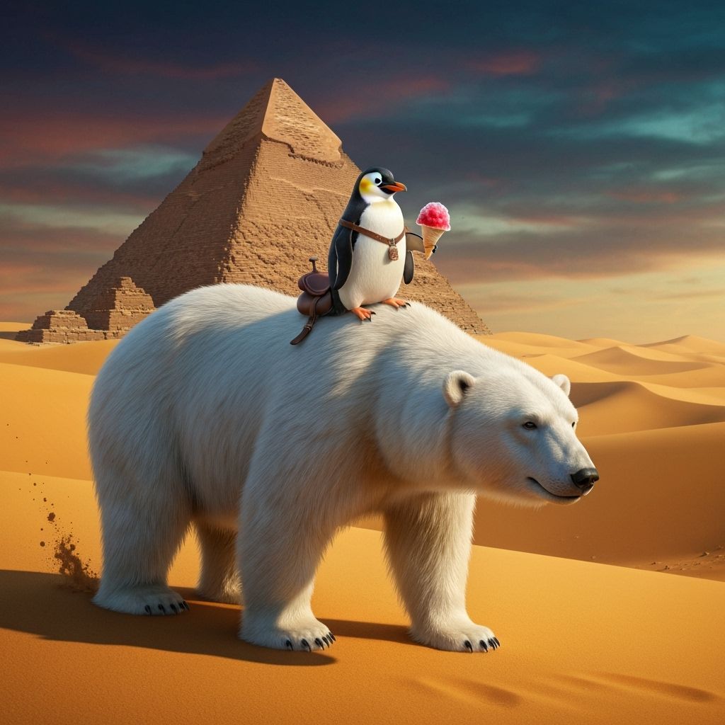 Penguin Rides Polar Bear in Sahara Desert
