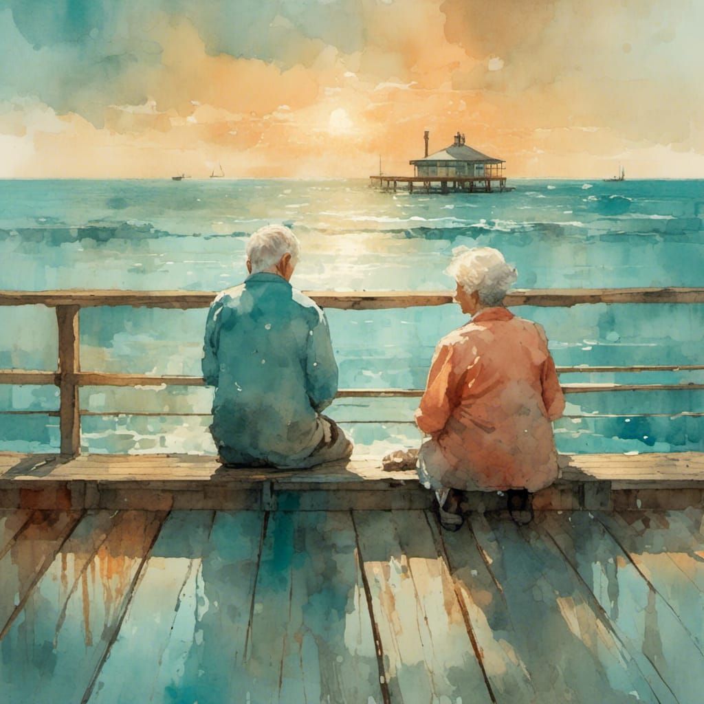 Watercolor Painting of Couple on Ocean Pier
