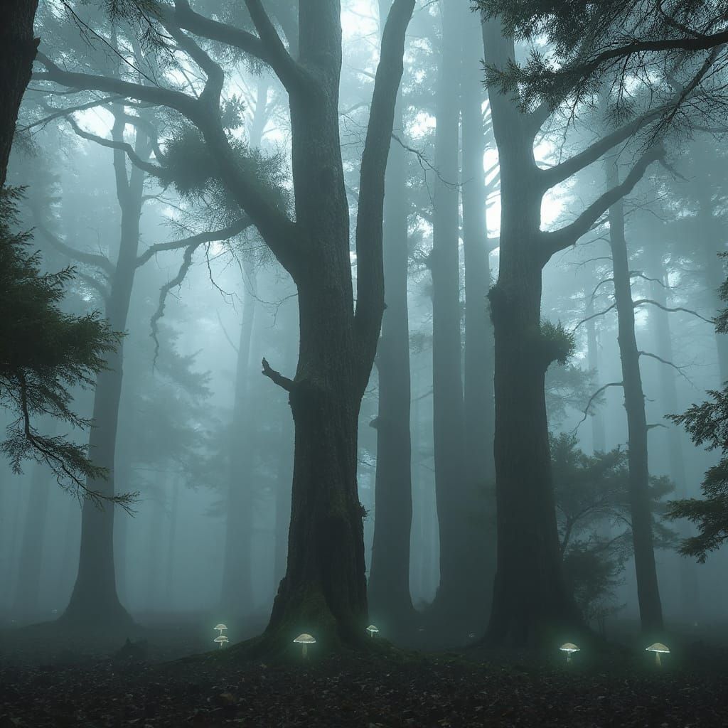 Ethereal Foggy Ancient Forest Digital Matte Painting