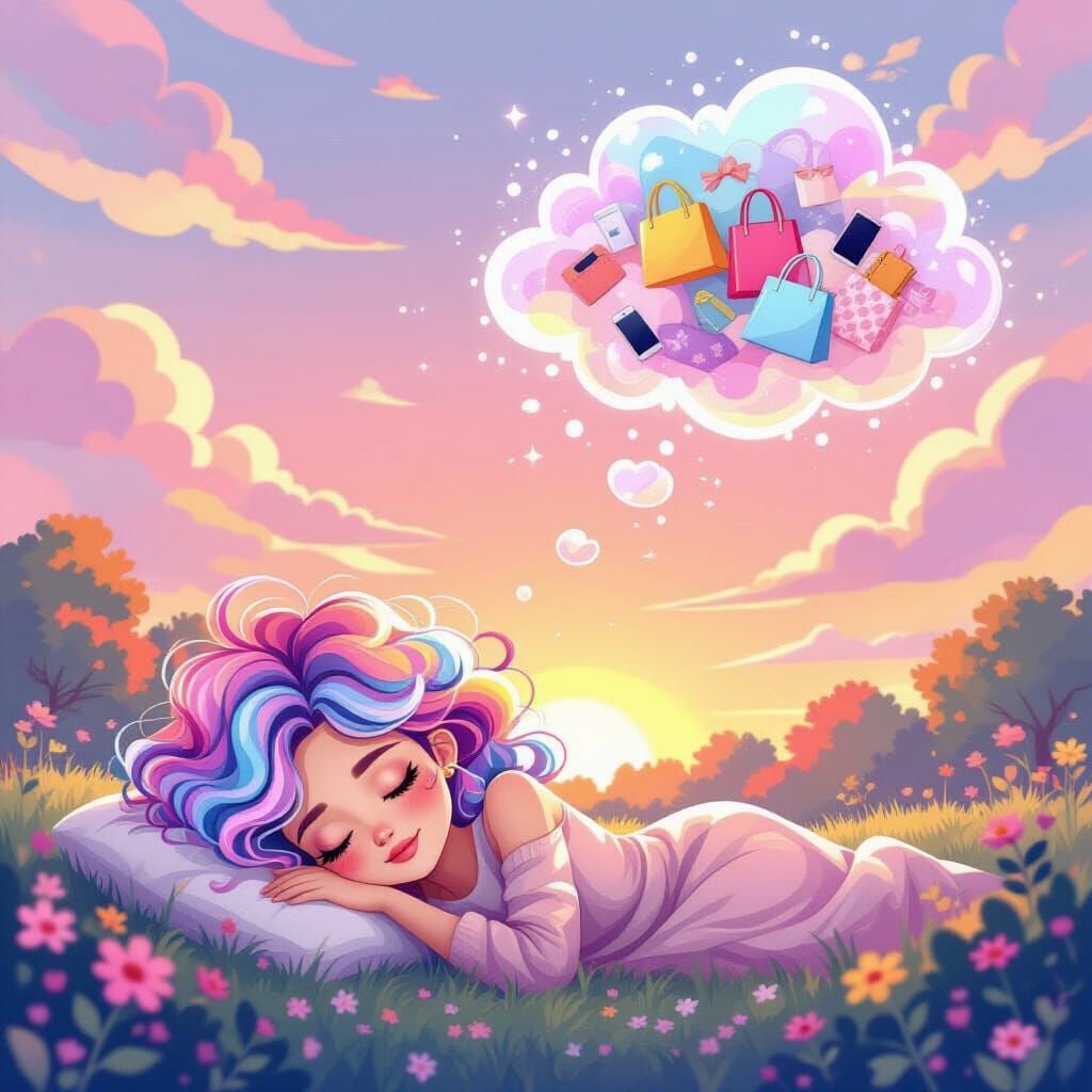 Dreamy Cartoon Woman Sleeping Amidst Pastel Sunset