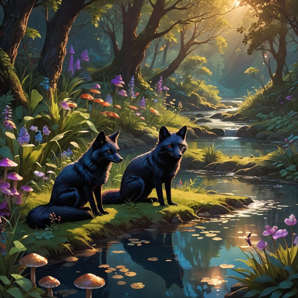 Black Fox in Mystical River Landscape Art Nouveau