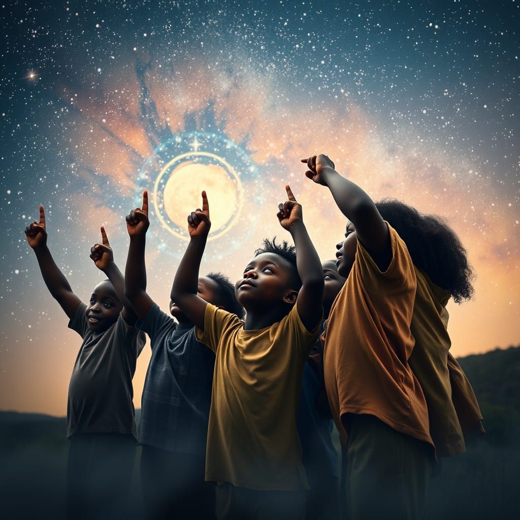 African Children Gaze at Starry Galaxy in Dreamy Fantasy