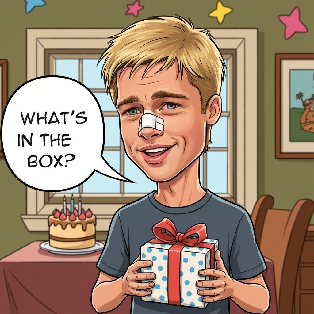 Brad Pitt Caricature with Gift and Birthday Cake