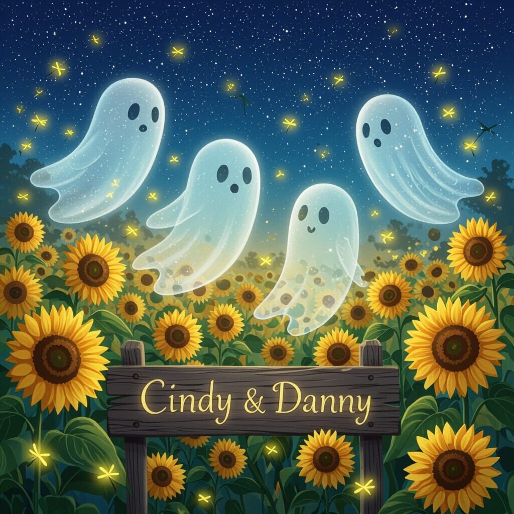 Ethereal Ghosts Float Through Sunflower Field Under Stars
