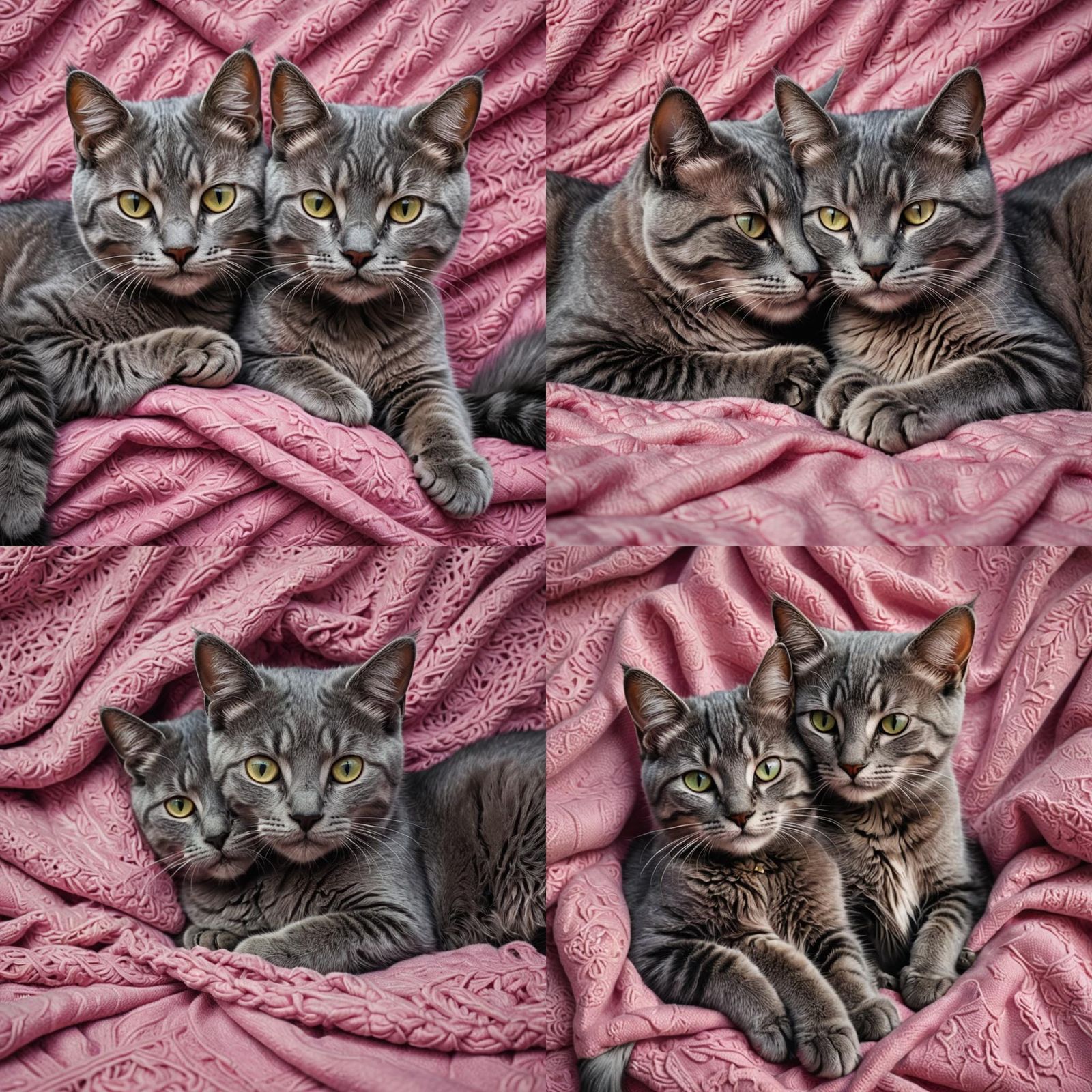 Cute Gray Cats Snuggling on Pink Blanket