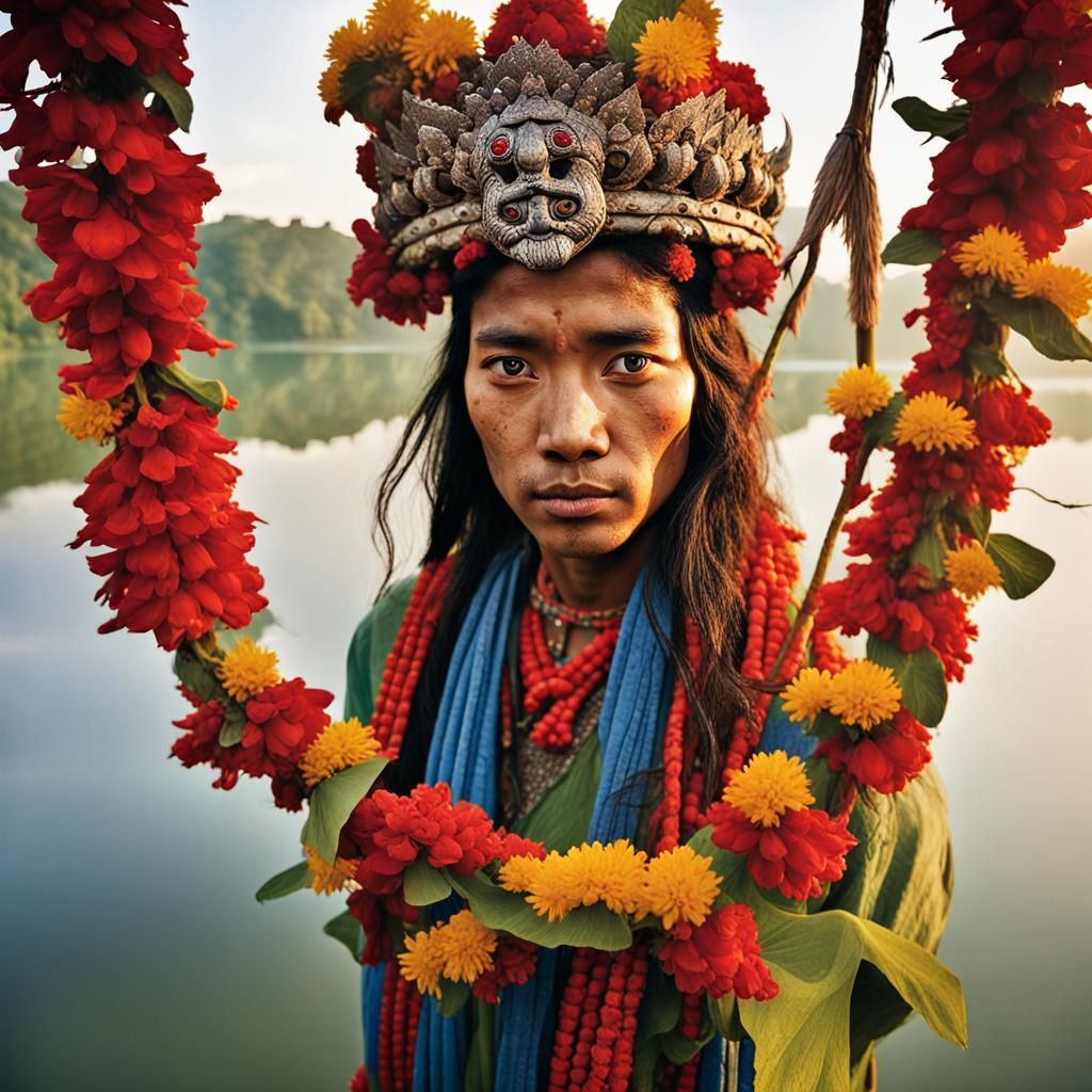 Woman with Wildflowers Watched by Naga King