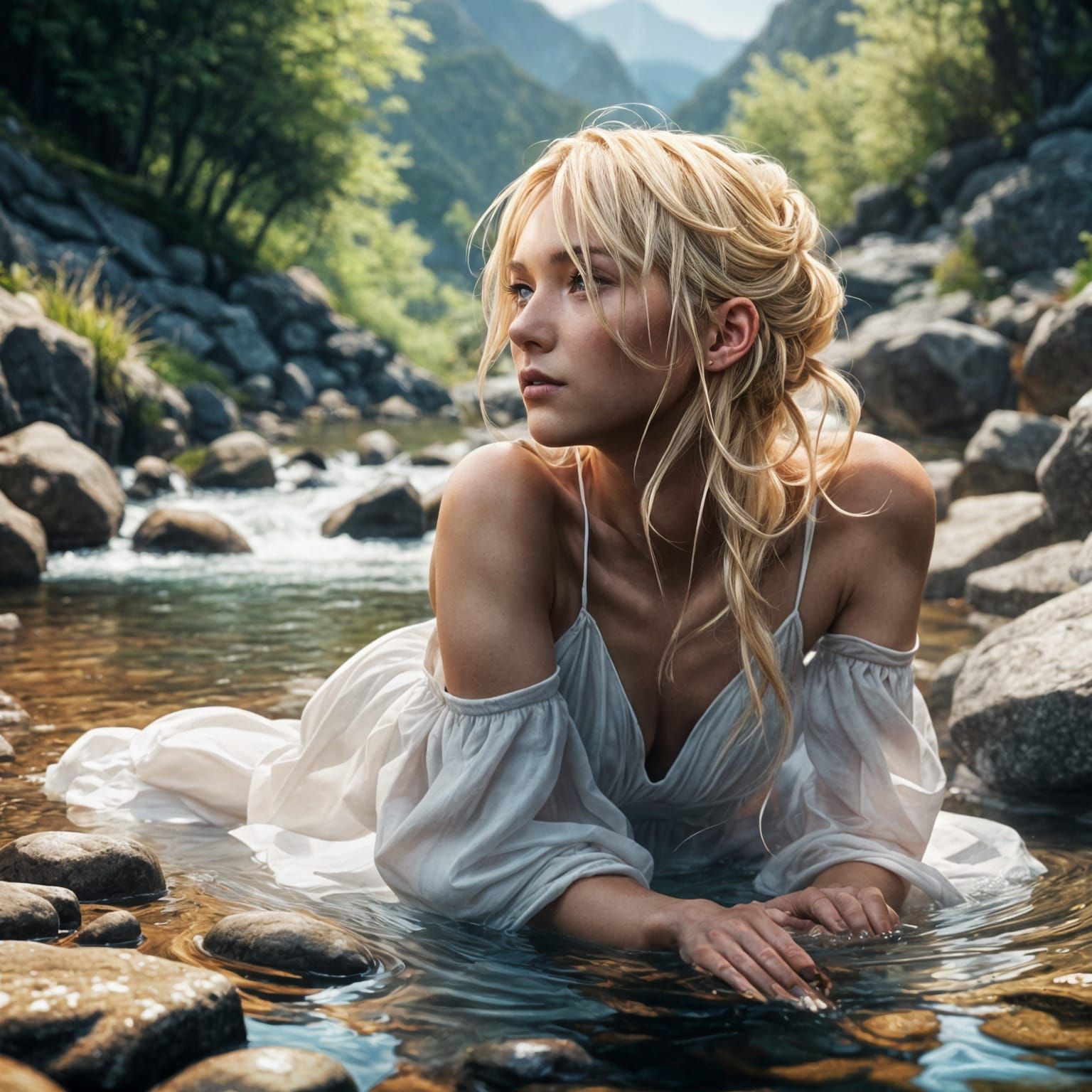 Blonde Woman in Mountain Stream: 3D Anime Art
