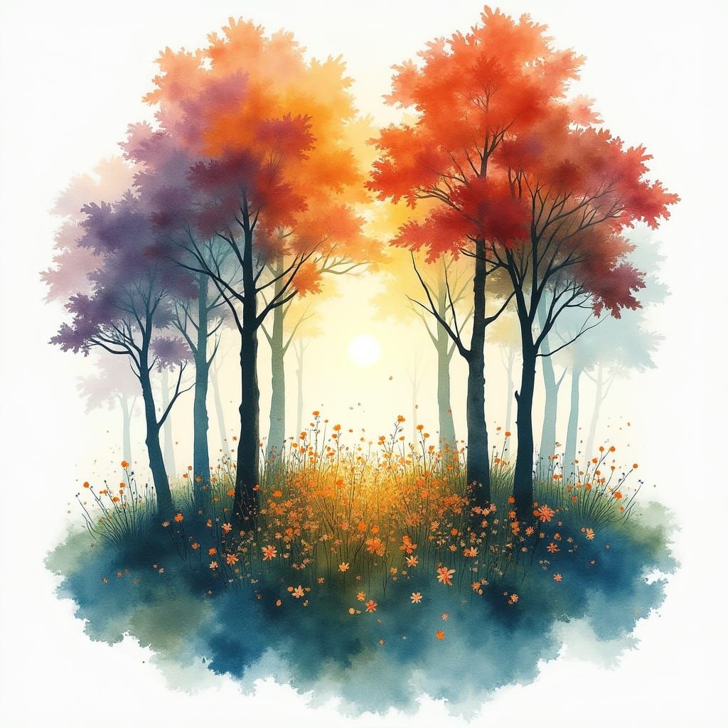 Watercolor Trees with Blooming Garden Double Exposure