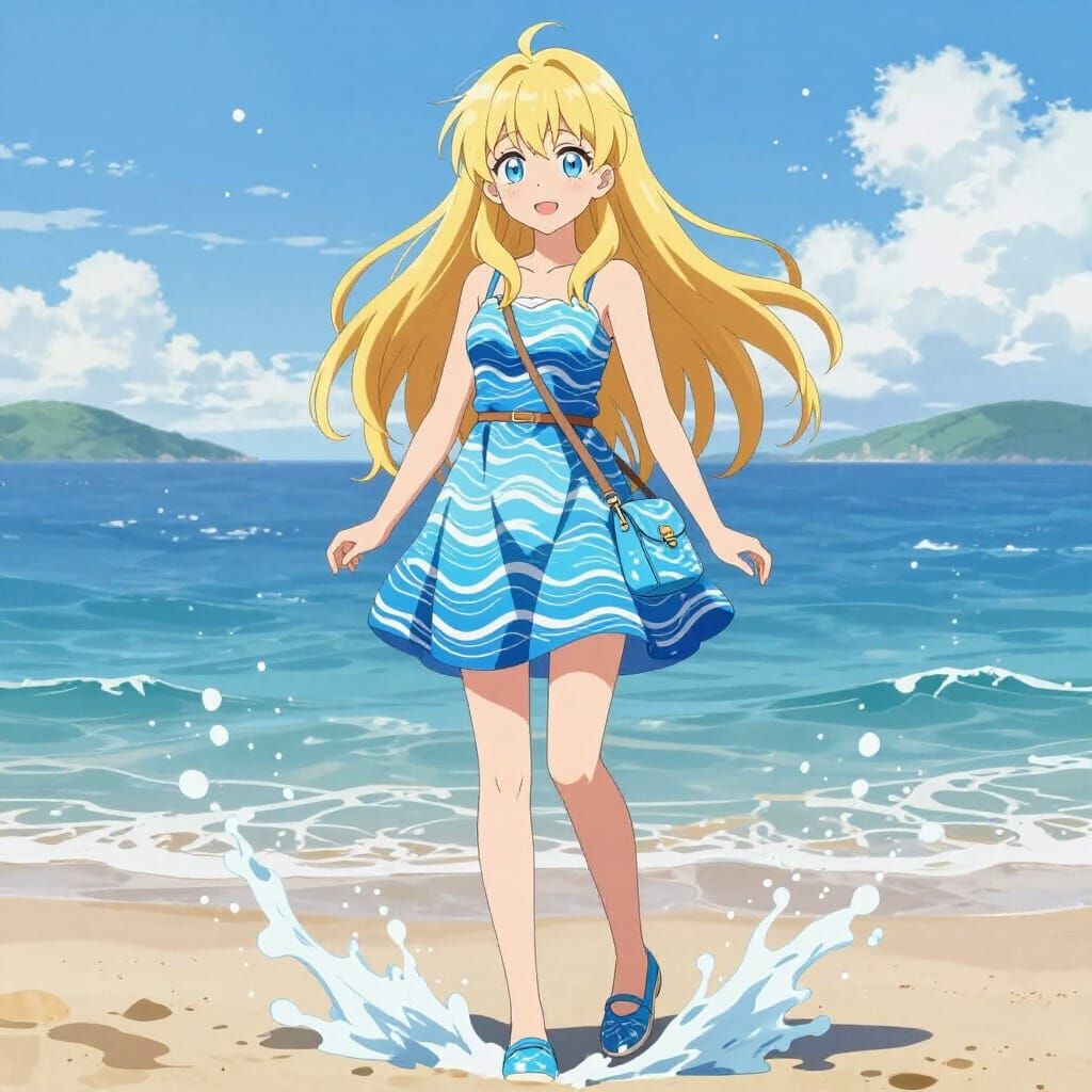 Anime Woman in Wave Dress on Beach