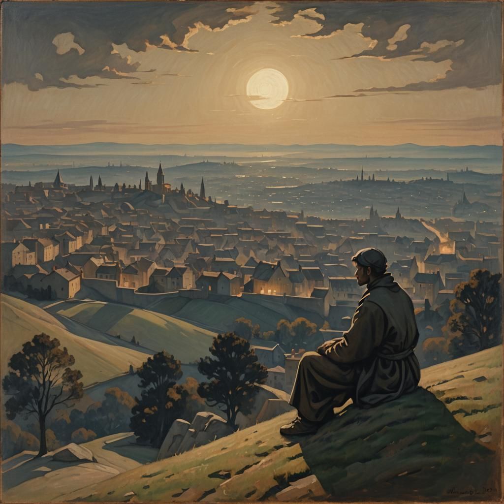 Contemplative Figure in Chiaroscuro Cityscape