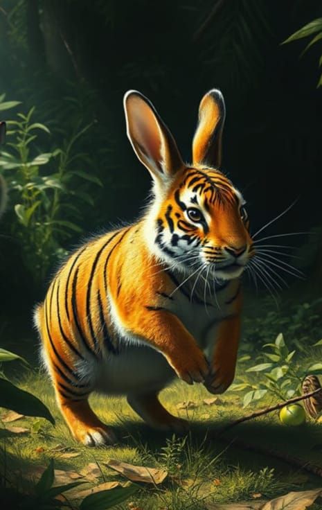Rabbit in Tiger Pelt Navigates Jungle with Lurking Tigers