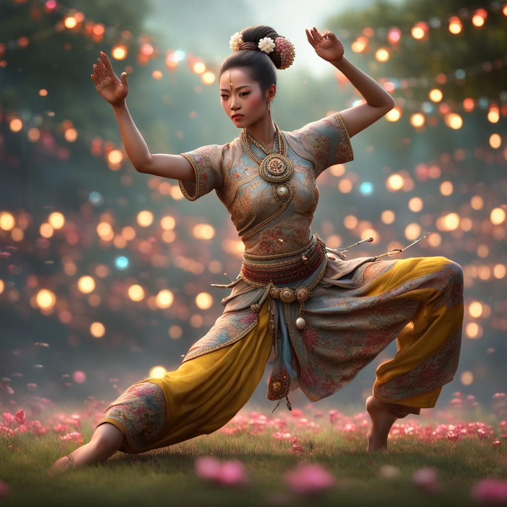 Majapahit Female Warrior Dancing in Temple Courtyard