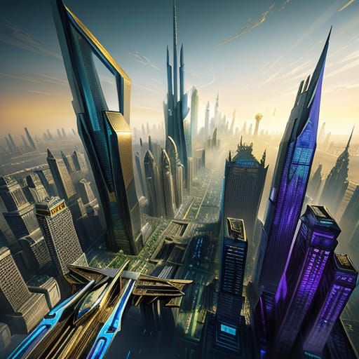 Futuristic Metropolis in Warm, Golden Light