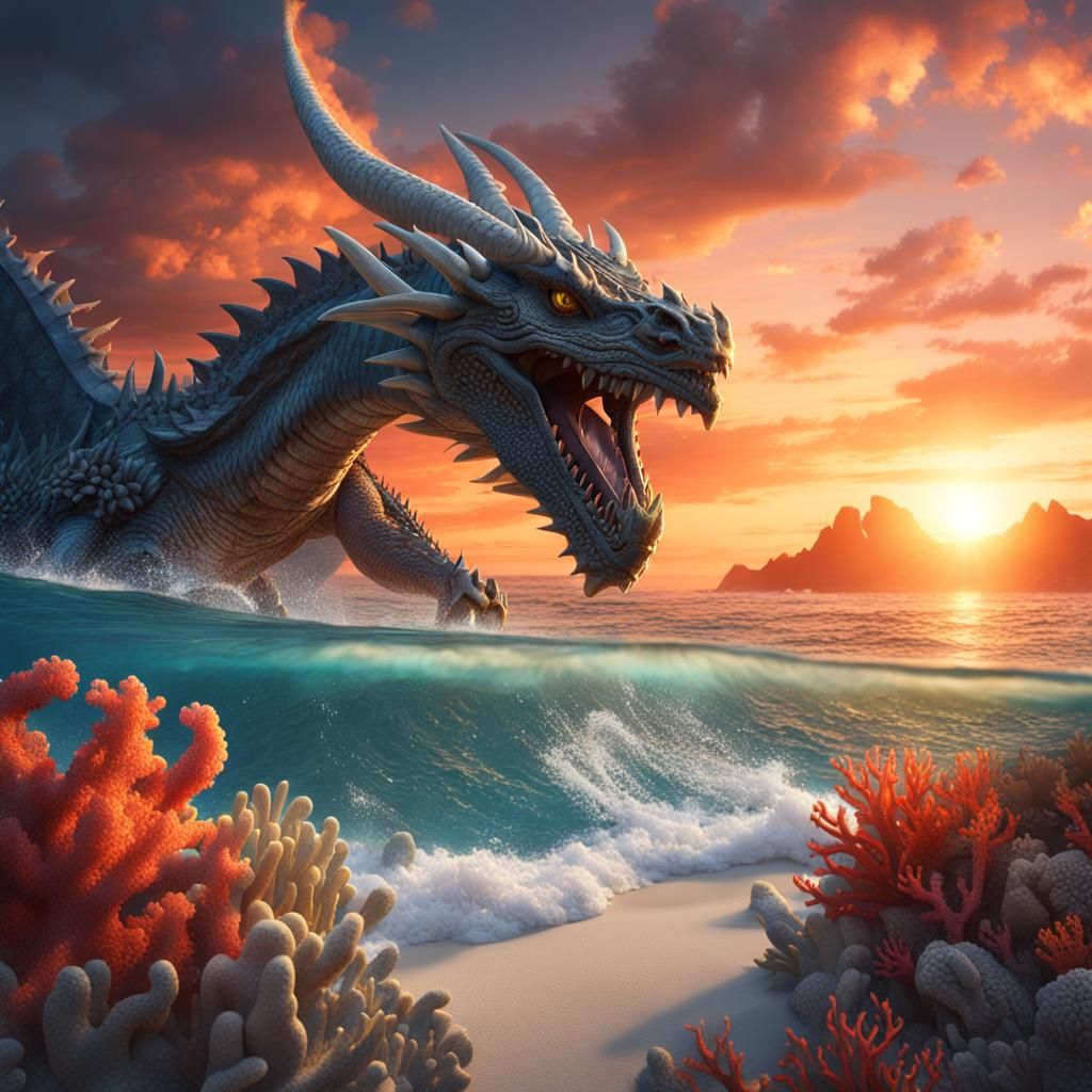 Dragon Soaring Over Coral Reef at Sunset