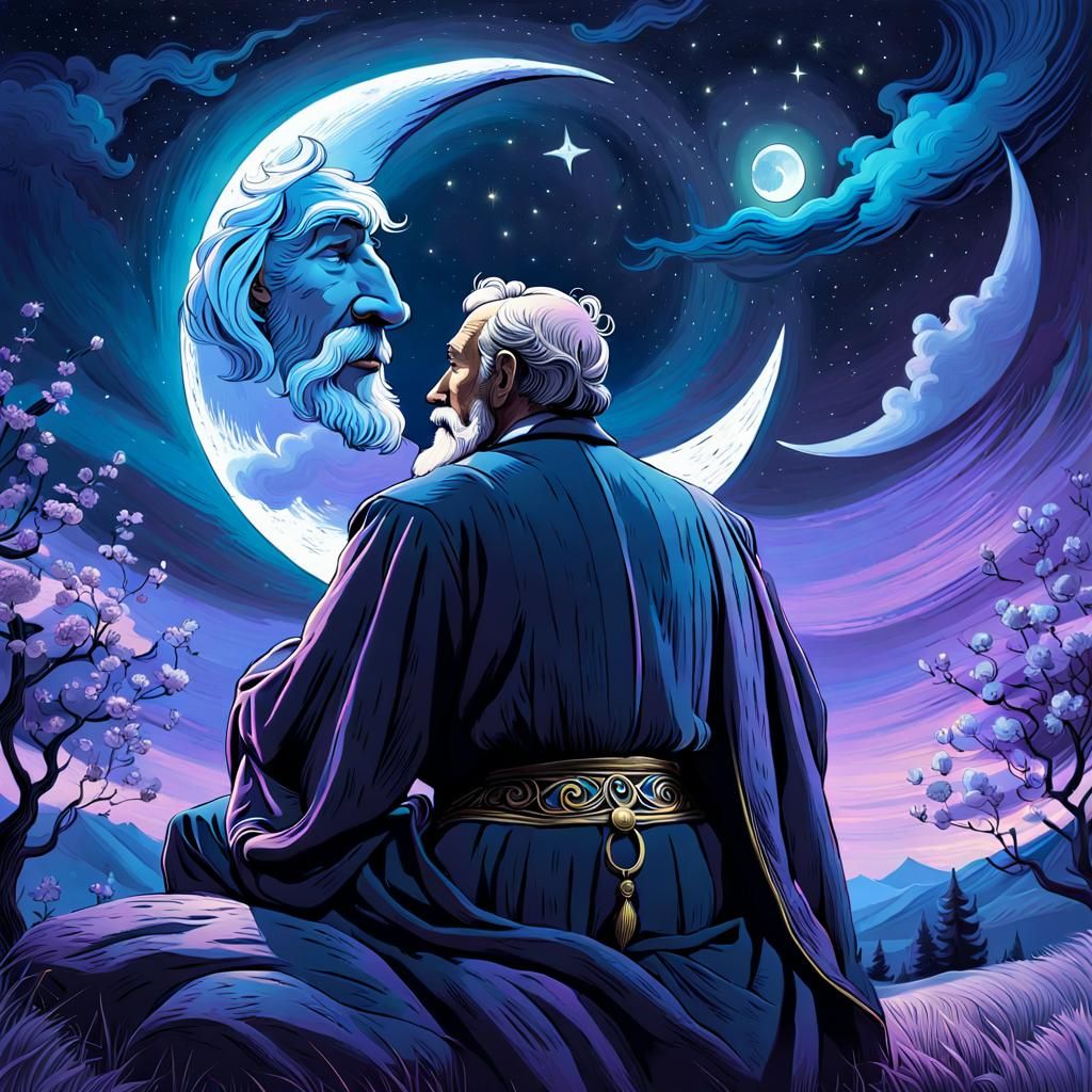 Elder Shares Wisdom Under Celestial Night Sky