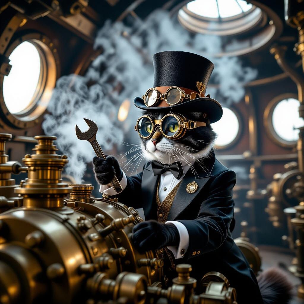 Steampunk Tuxedo Cat Tinkers in Airship Engine Room