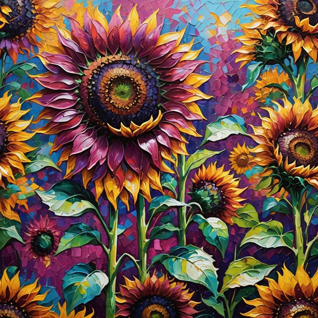 Magenta Sunflower in Expressionist Impasto Style