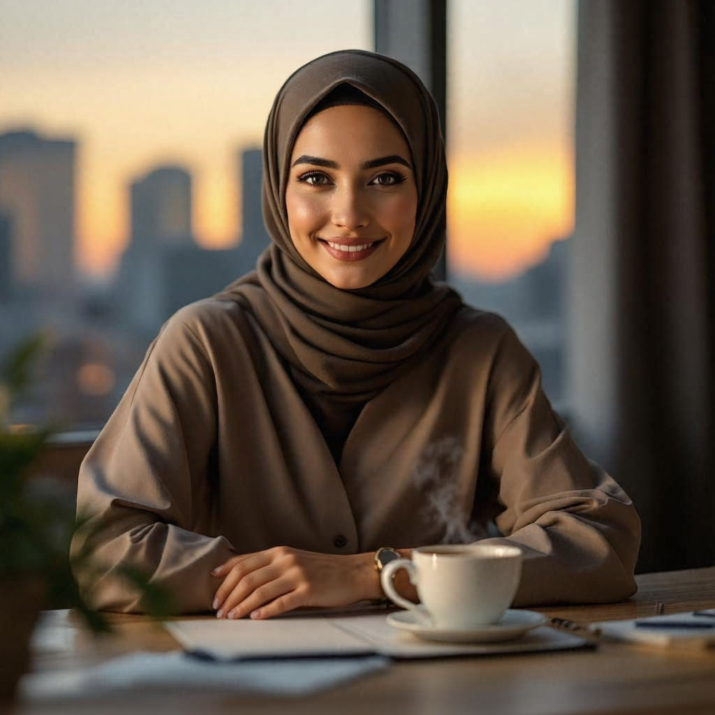 Confident Hijabi Woman Enjoying Coffee at Minimalist Office