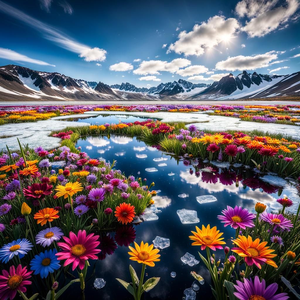 Hyperrealistic Flowers Emerge from Frozen Pond