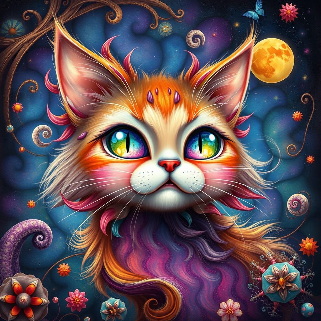 Surreal Pop Art Feline in Vibrant Dreamlike Scene