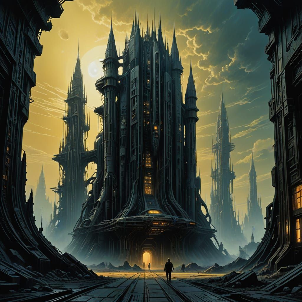 Surreal Futuristic Landscape in Golden Light