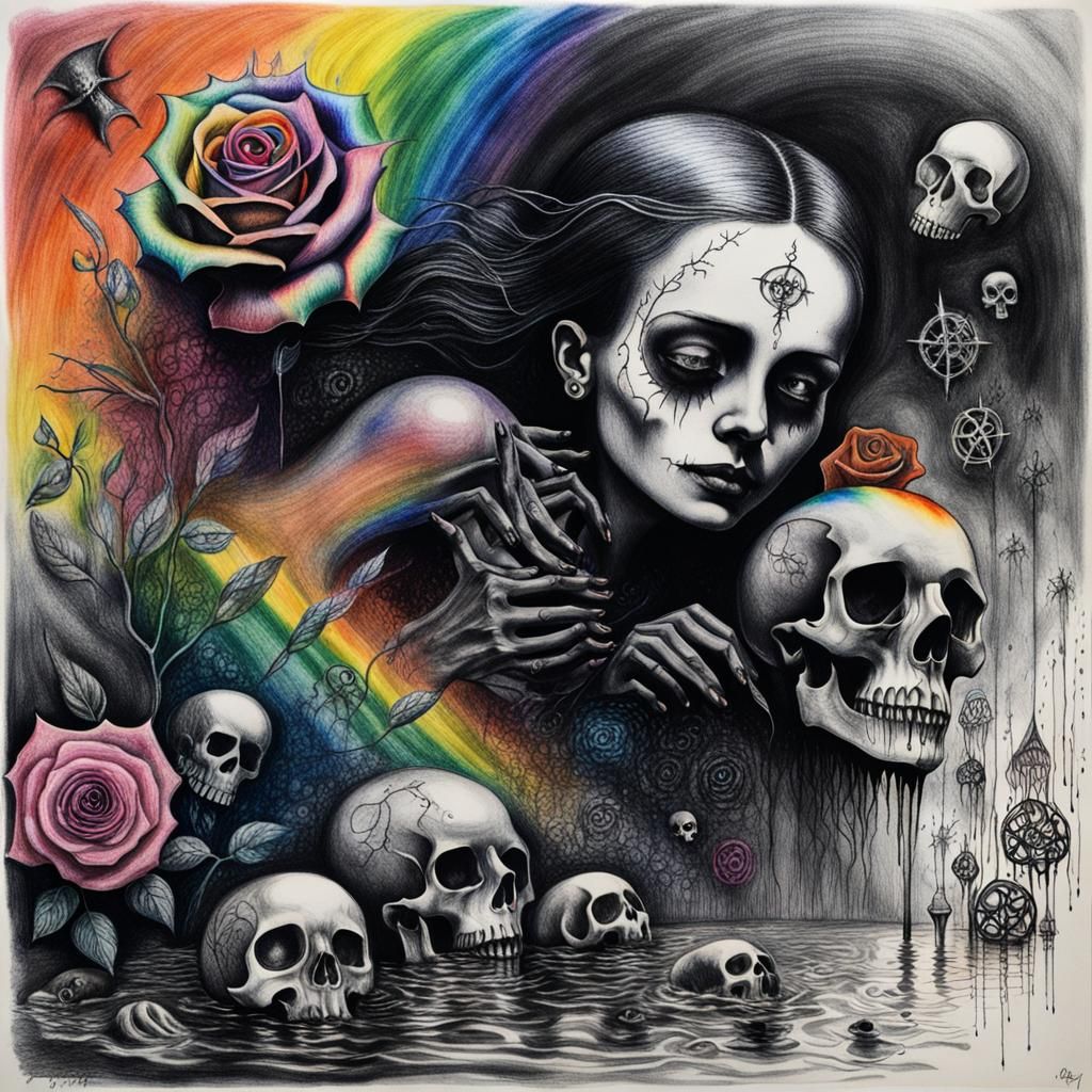 Goth Woman in Pain: Surreal Crayon Drawing