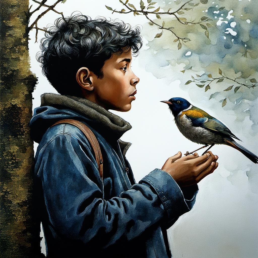 Boy Listens to Bird Song: Detailed Watercolor