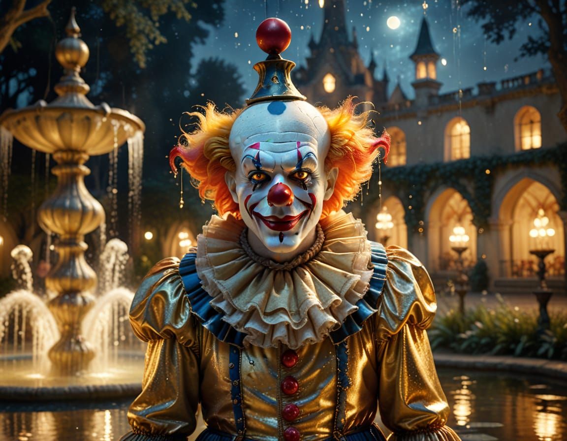 Surreal Clown in Front of Fantastical Fountain