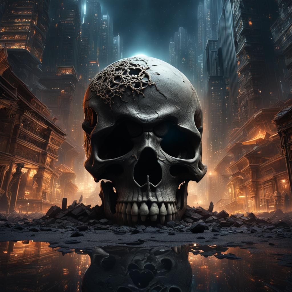 Giant Skull City Floating in Space: Detailed Matte Painting