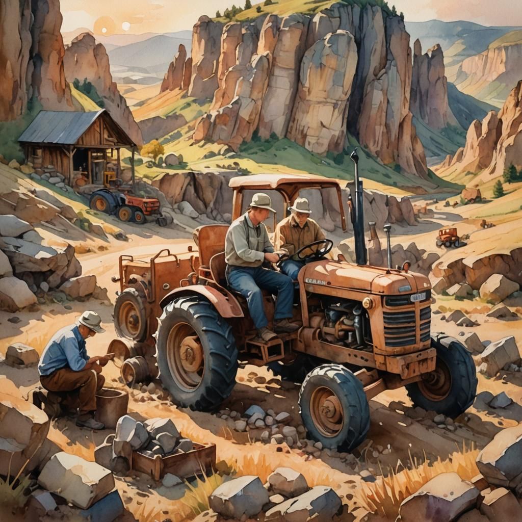Scientists Repairing Tractor: Watercolor Impressionist Illus...