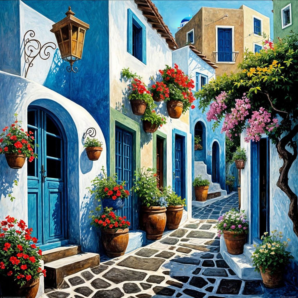 Santorini Street View Oil Painting with Flowers