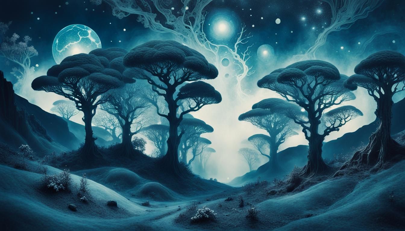 Ethereal Sci-Fi Landscape in Cyanotype Style