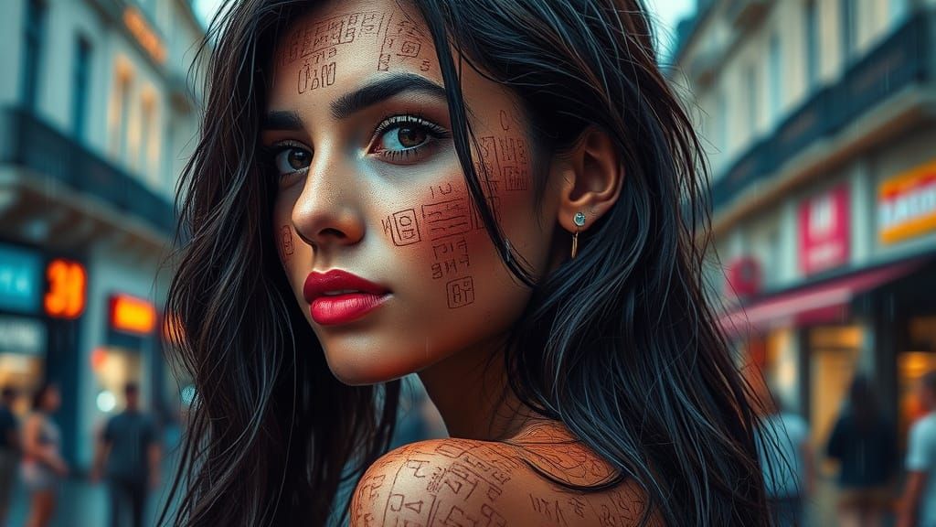 Woman in Egyptian Runes, Expressive Painting