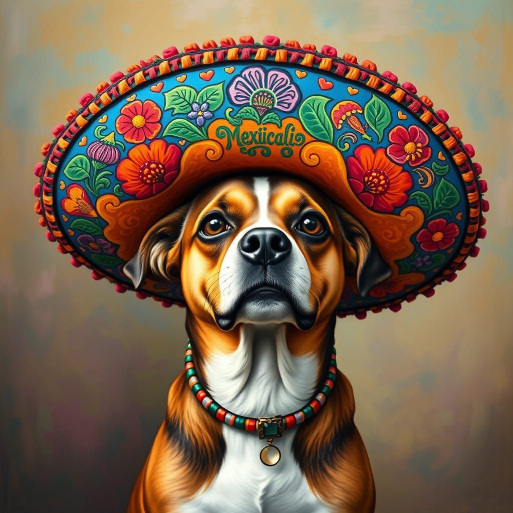 Dog in Oversized Sombrero, Folk Art Style