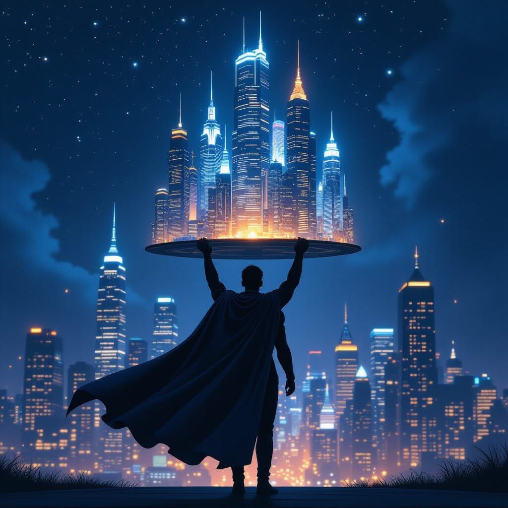 Figure Carries Illuminated Cityscape on Head