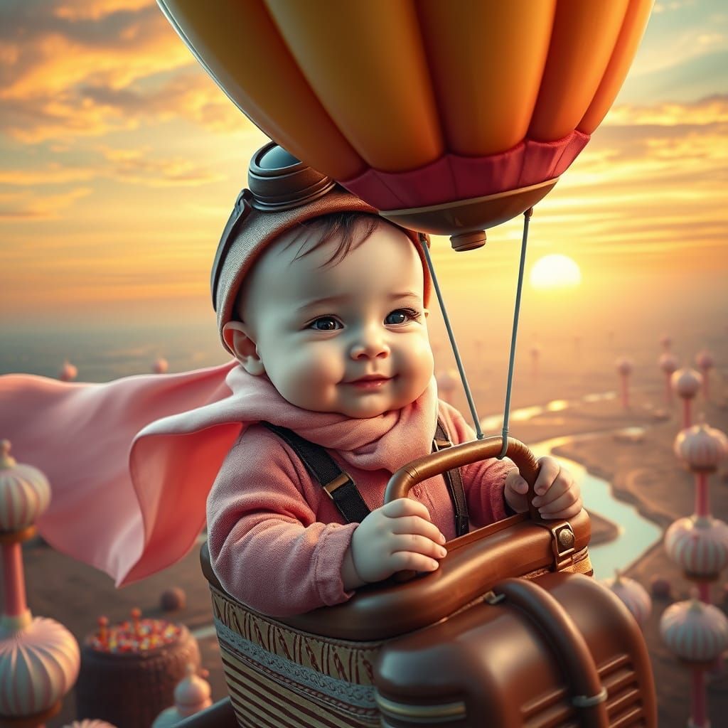 Cherubic Baby Pilots Lollipop Hot Air Balloon Over Fantastic...