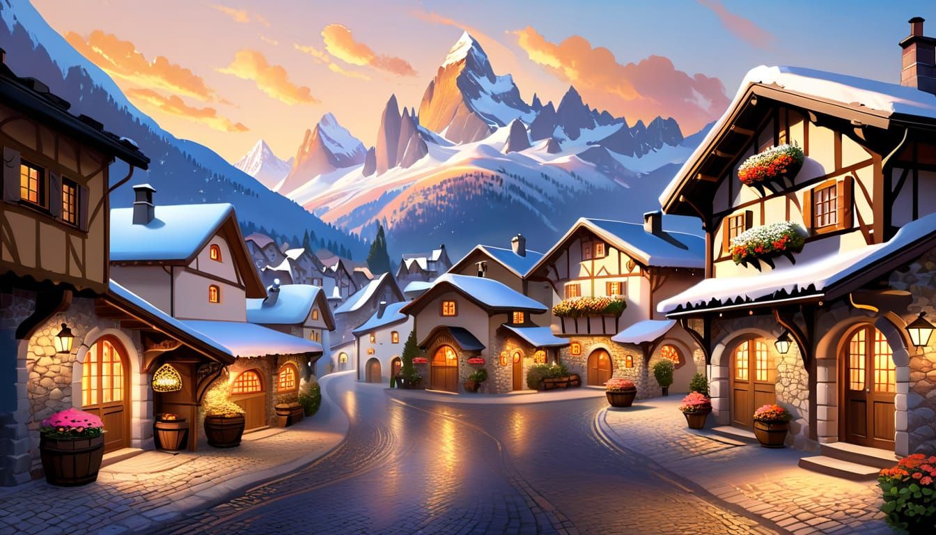 Charming Alpine Village Nestled in a Valley at Golden Hour