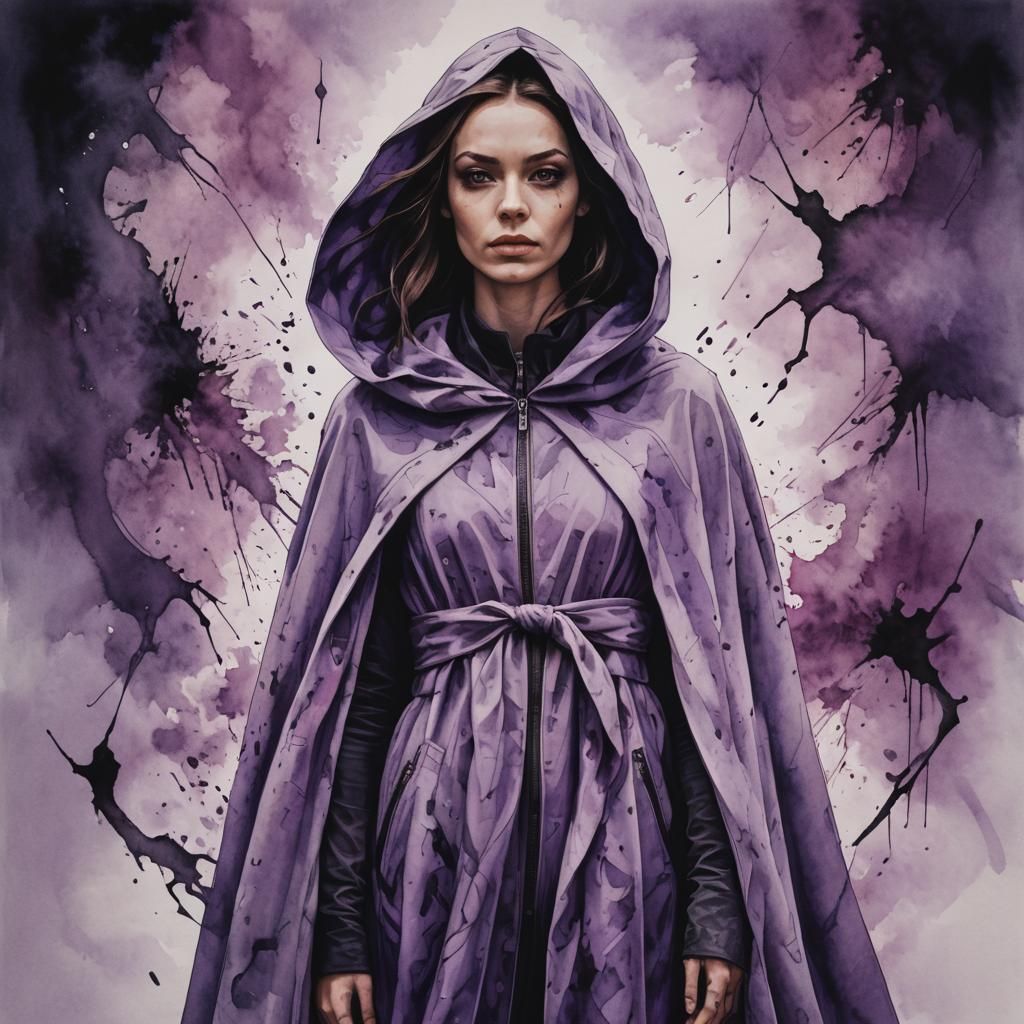 Lilac Inked Chaos: Cloaked Woman in Abstract Art